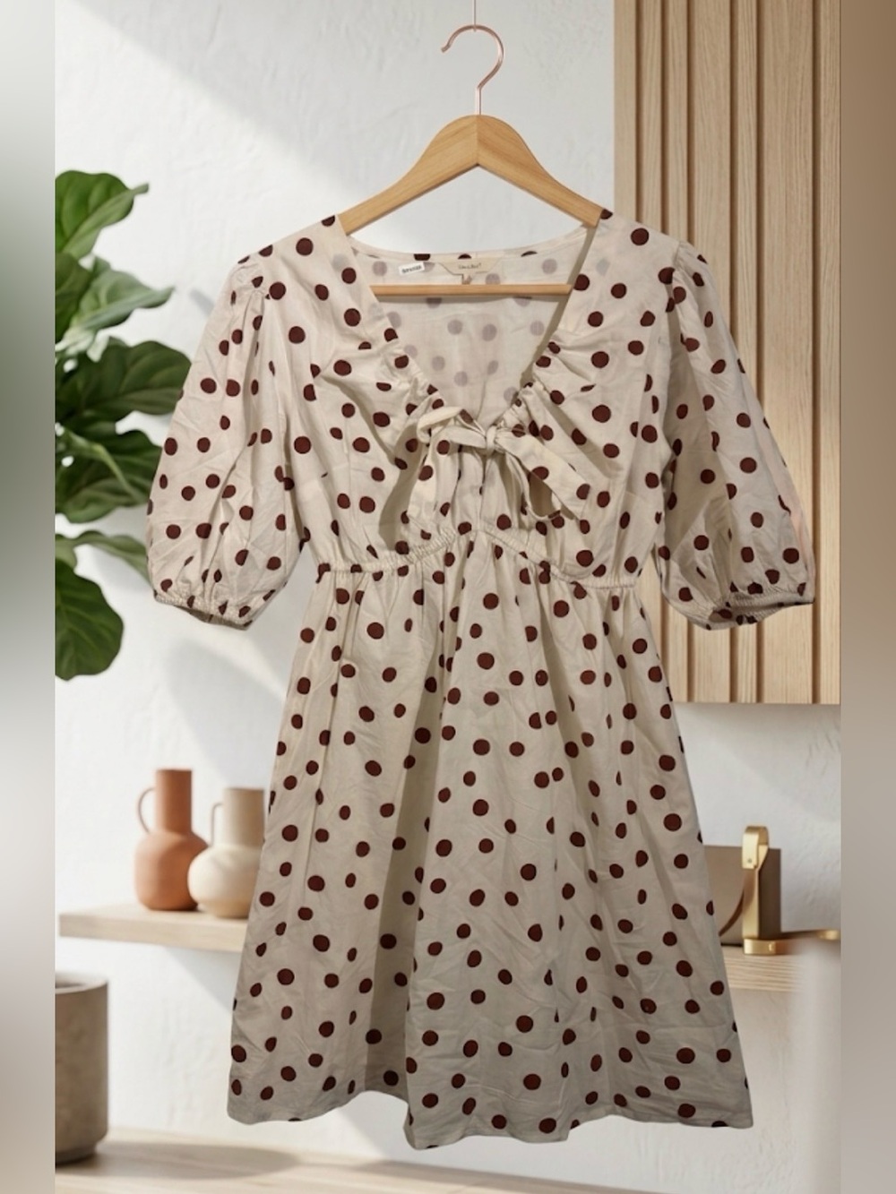Sim & Sam Cream & Brown Polka Dot Cotton Puff Sleeve Mini Dress Size L